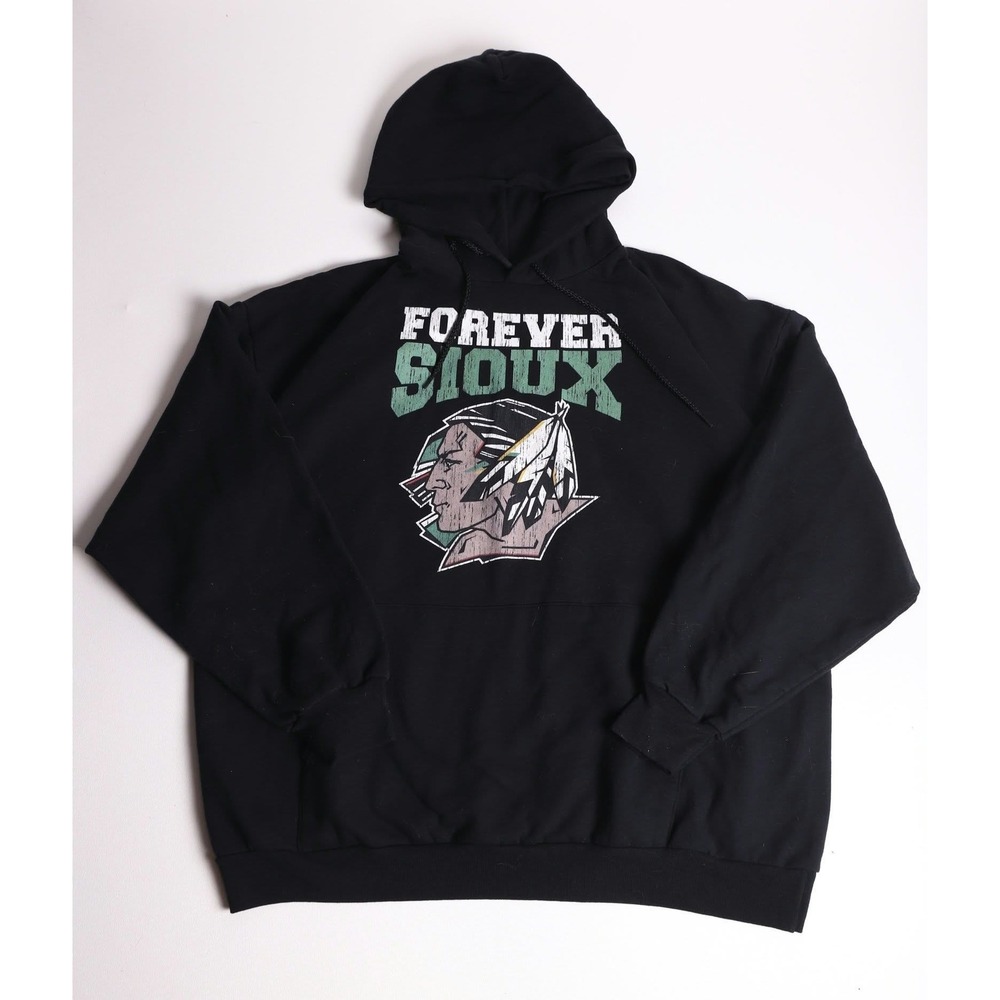 Vintage Y2K Forever Sioux Graphic Hoodie Black Mens 2XL Pullover Sweatshirt Rare